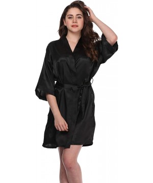 Robes Womens Short Kimono Robe Silky Wedding Bridesmaid Robes Satin Dressing Gown Sleepwear - Solid Black - CW18NZTTCNO