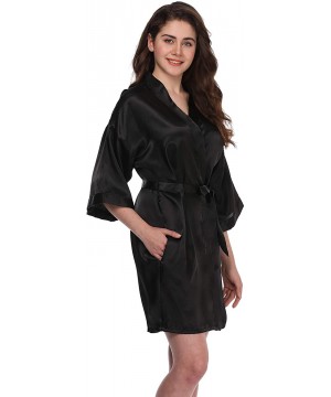 Robes Womens Short Kimono Robe Silky Wedding Bridesmaid Robes Satin Dressing Gown Sleepwear - Solid Black - CW18NZTTCNO