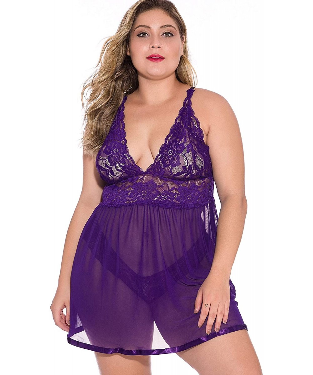 Baby Dolls & Chemises Women Babydoll Lingerie Sheer Lace Chemise Halter Backless Nightie - Purple - CK18OSRWNK3