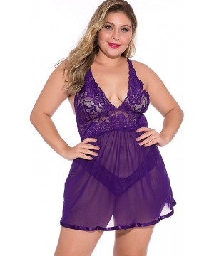 Baby Dolls & Chemises Women Babydoll Lingerie Sheer Lace Chemise Halter Backless Nightie - Purple - CK18OSRWNK3