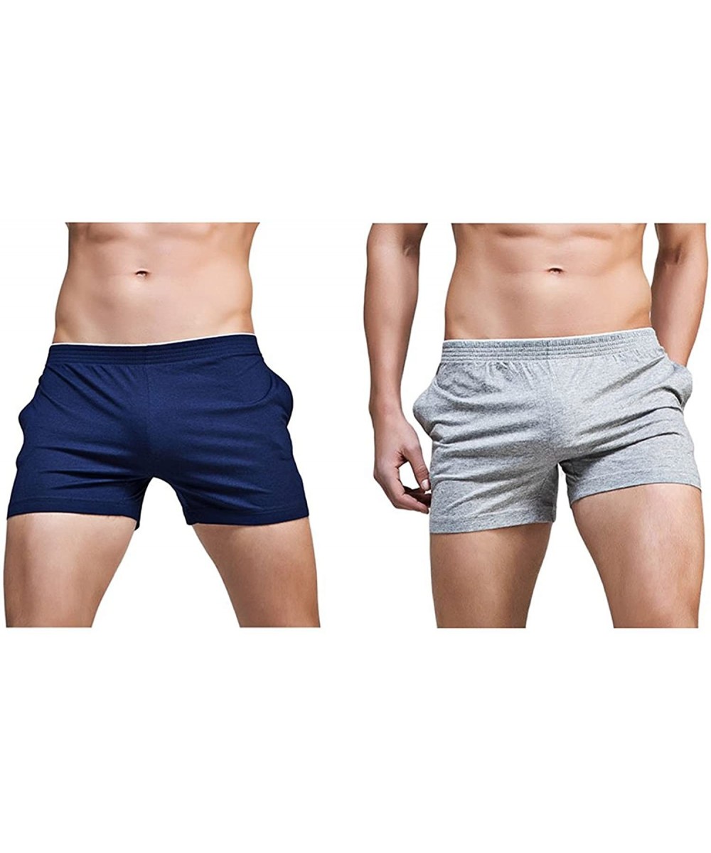 Sleep Bottoms Men's Running Workout Gym Active Shorts Lounge Sleep Bottoms - 2 Pack (Blue + Grey) - CV18TKZMU8C