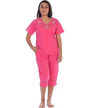 Sets Women's Short Sleeve Embroidered Blouse and Matching Capri Set - Rose Roses - CW188X2Q4XU