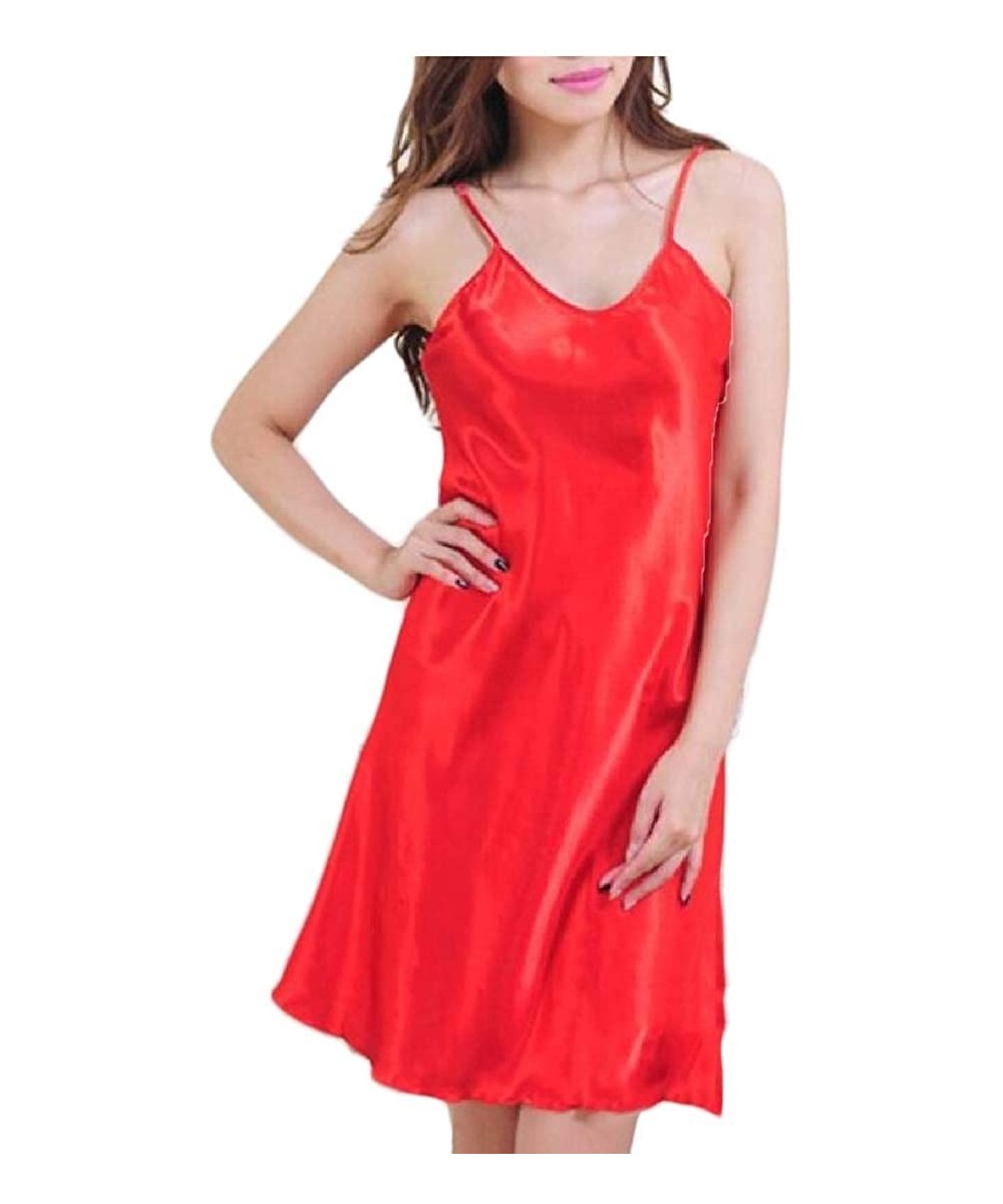 Tops Women Basic Spaghetti Strap Cami Slip Camisole Midi Sleep Dress - Red - CO198ZTXDXD