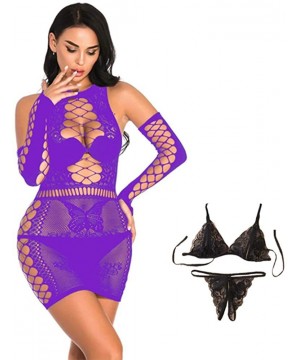 Baby Dolls & Chemises Women's Fishnet Lingerie Mini Dress Mesh Sexy Underwear Babydoll One Size - Purple - C719CG5SW0Y