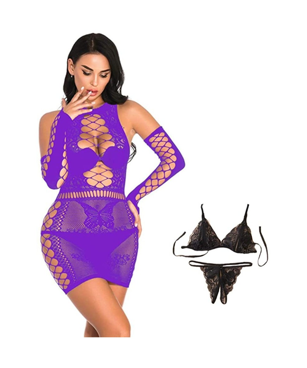 Baby Dolls & Chemises Women's Fishnet Lingerie Mini Dress Mesh Sexy Underwear Babydoll One Size - Purple - C719CG5SW0Y