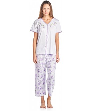 Sets Women's Short Sleeve Floral Satin Lace Capri Pajama Set - Purple - CH184QGU9U7