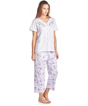 Sets Women's Short Sleeve Floral Satin Lace Capri Pajama Set - Purple - CH184QGU9U7