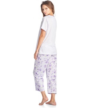 Sets Women's Short Sleeve Floral Satin Lace Capri Pajama Set - Purple - CH184QGU9U7