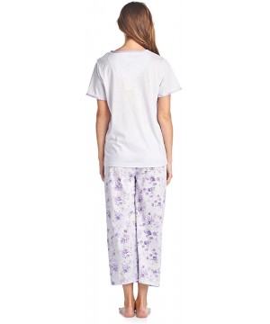 Sets Women's Short Sleeve Floral Satin Lace Capri Pajama Set - Purple - CH184QGU9U7