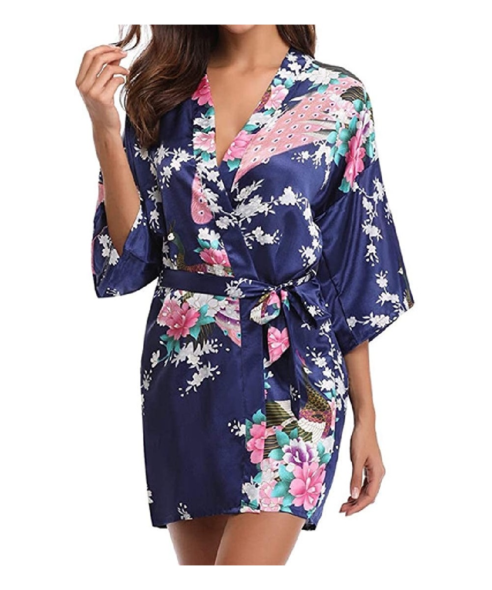 Robes Women Kimono Robe Peacock Bridal Satin Kimono Robes Silk Short Robe - Dark Blue - CH19DQLIX3K