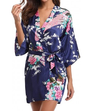 Robes Women Kimono Robe Peacock Bridal Satin Kimono Robes Silk Short Robe - Dark Blue - CH19DQLIX3K