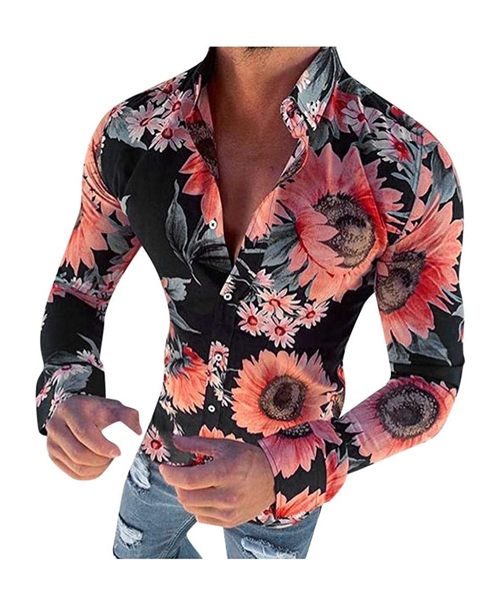 Thermal Underwear Men's Floral Dress Shirt Long Sleeve 70s Printed Casual Button Down Paisley Top - Black - CF18A4862XG