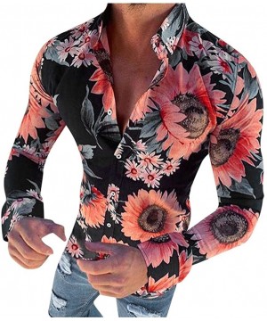 Thermal Underwear Men's Floral Dress Shirt Long Sleeve 70s Printed Casual Button Down Paisley Top - Black - CF18A4862XG