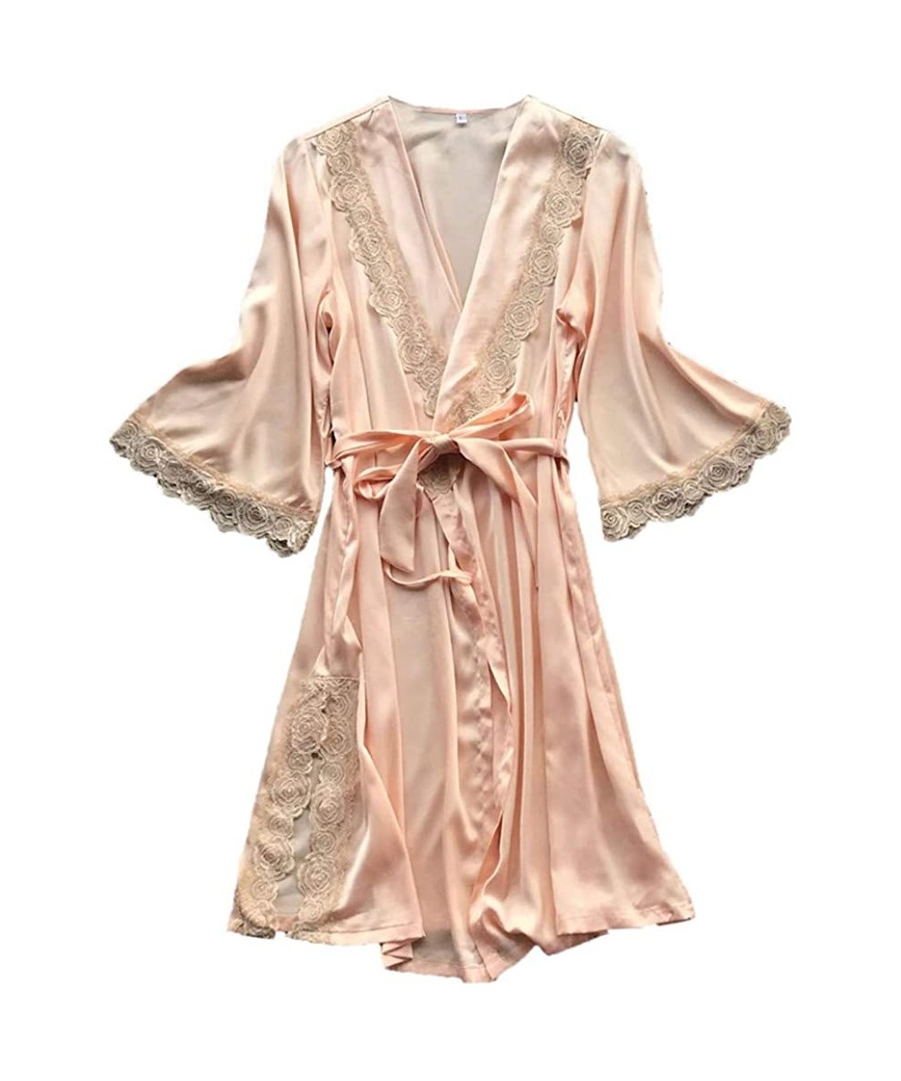 Nightgowns & Sleepshirts Women Sexy Sleepwear-Lace Temptation Belt Underwear Soft Nightdress Loose Printed Robes - Beige - C0...