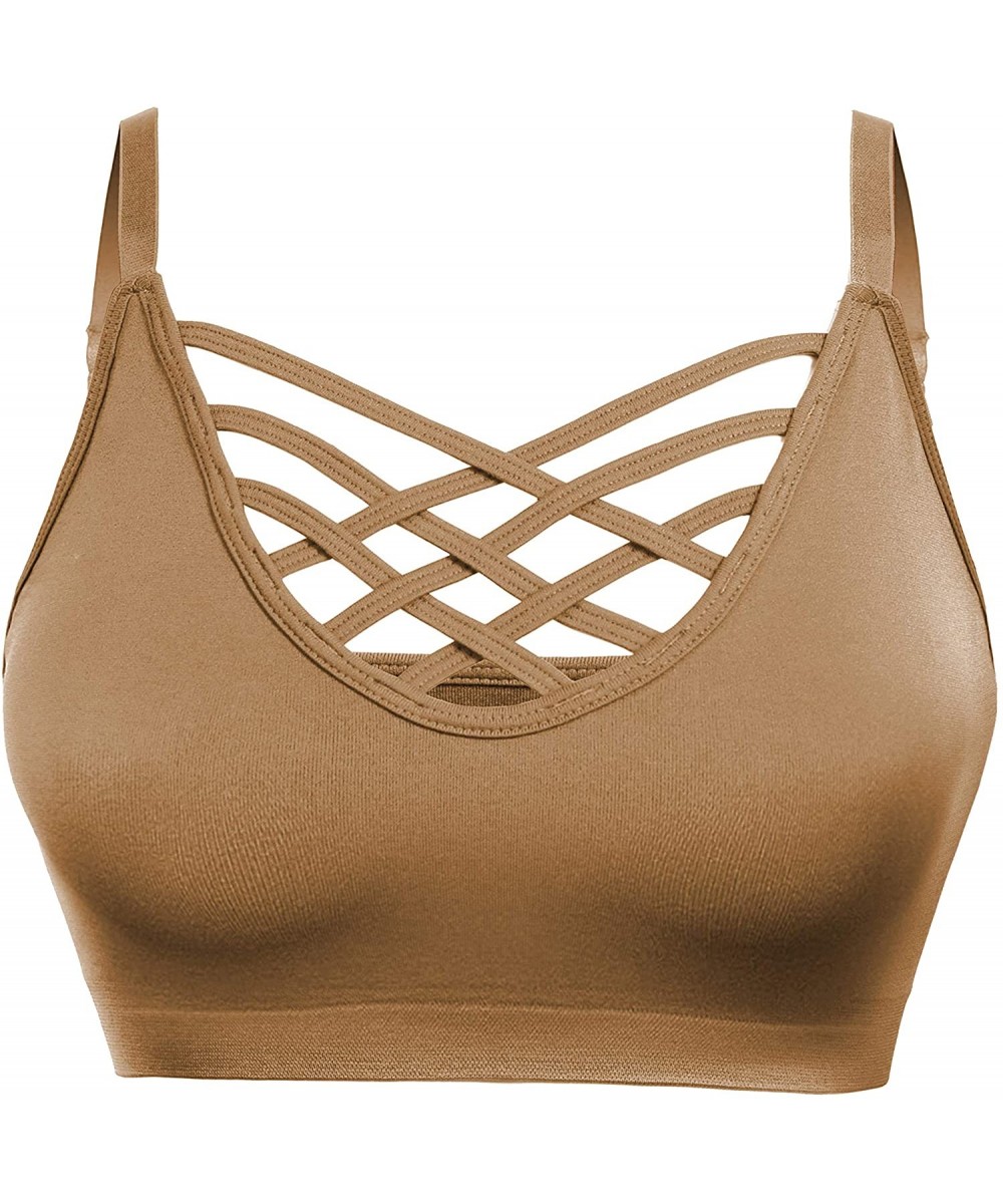 Bras Womens Comfort Cami Crop Top Seamless Crisscross Front Strappy NO Padded Bralette Sports Bra Top (S~3XL) - Coffee - CA18...