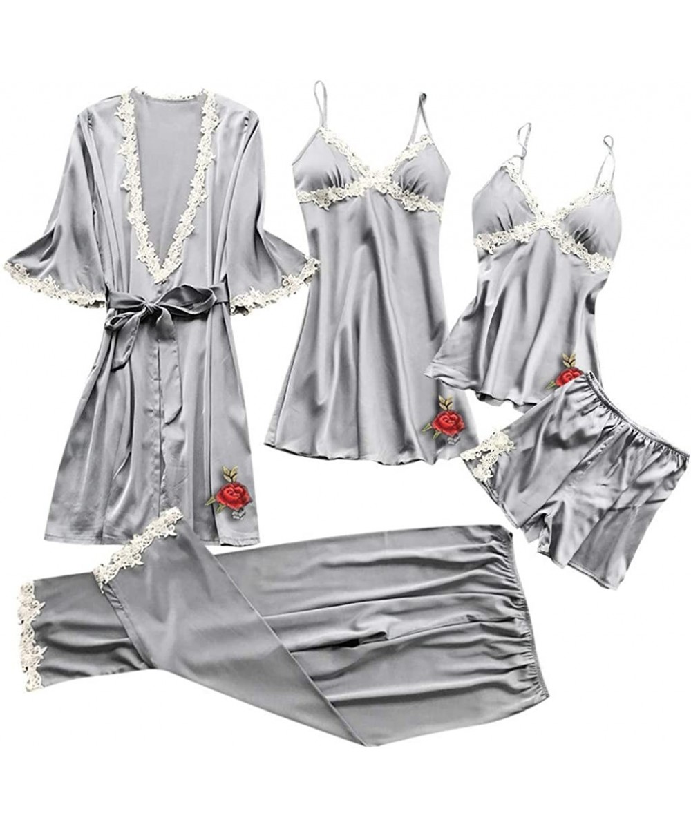 Nightgowns & Sleepshirts 5PC Sexy Lingerie Nightgown for Women Lace Rose Nightdress Camisole Pants Bathrobe with Belt - Gray ...