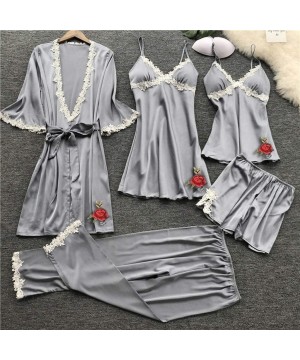 Nightgowns & Sleepshirts 5PC Sexy Lingerie Nightgown for Women Lace Rose Nightdress Camisole Pants Bathrobe with Belt - Gray ...