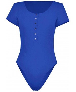 Shapewear Womens Short Sleeve Bodysuit Round Neck with Button Ribbed Bodycon Stretchy Leotard Bodysuit Jumpsuits - A-blue - C...