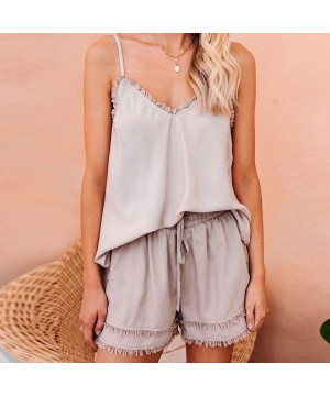 Sets Women Camisole Shorts Tracksuit Sets Ruffle Household Pajamas Lounge Wear Suit Home Tops Blouse+Mini Pants Khaki - C0190...