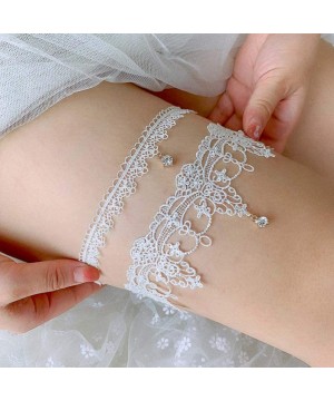 Garters & Garter Belts Wedding Garter Bridal Lace Garter with Rhinestone Floral Lace Garter for Bride - White - C319DWIXY75