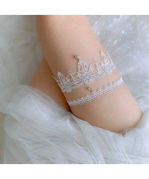 Garters & Garter Belts Wedding Garter Bridal Lace Garter with Rhinestone Floral Lace Garter for Bride - White - C319DWIXY75