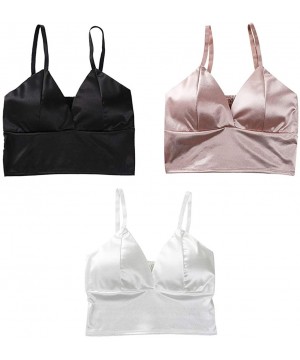 Camisoles & Tanks Women's Satin V Neck Crop Tops Triangle Bralette Cami Tops Push Up Padded Vest Top - Bean Paste - CU1905EY7CE