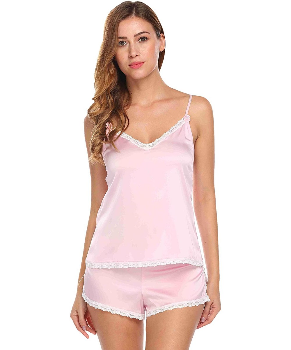 Sets Women Satin Pajama Cami Set Sexy Summer Lace Trim Short Sleepwear Nightwear - Pink - CE189WAGW43