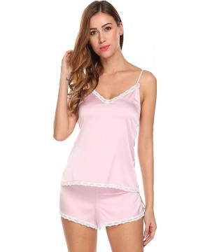 Sets Women Satin Pajama Cami Set Sexy Summer Lace Trim Short Sleepwear Nightwear - Pink - CE189WAGW43