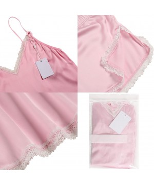 Sets Women Satin Pajama Cami Set Sexy Summer Lace Trim Short Sleepwear Nightwear - Pink - CE189WAGW43