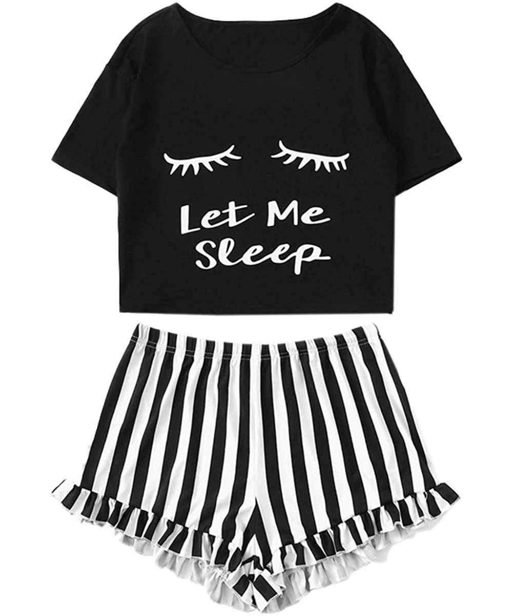 Sets Women's Eyes Print Crop Top and Shorts Loungewear Pajama Set - Black - CD19CKRCXNX