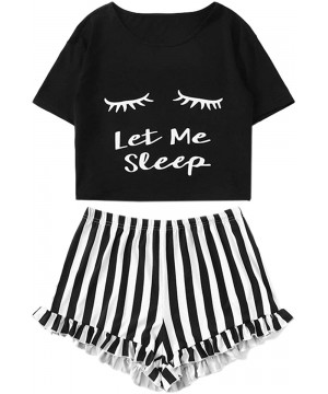 Sets Women's Eyes Print Crop Top and Shorts Loungewear Pajama Set - Black - CD19CKRCXNX