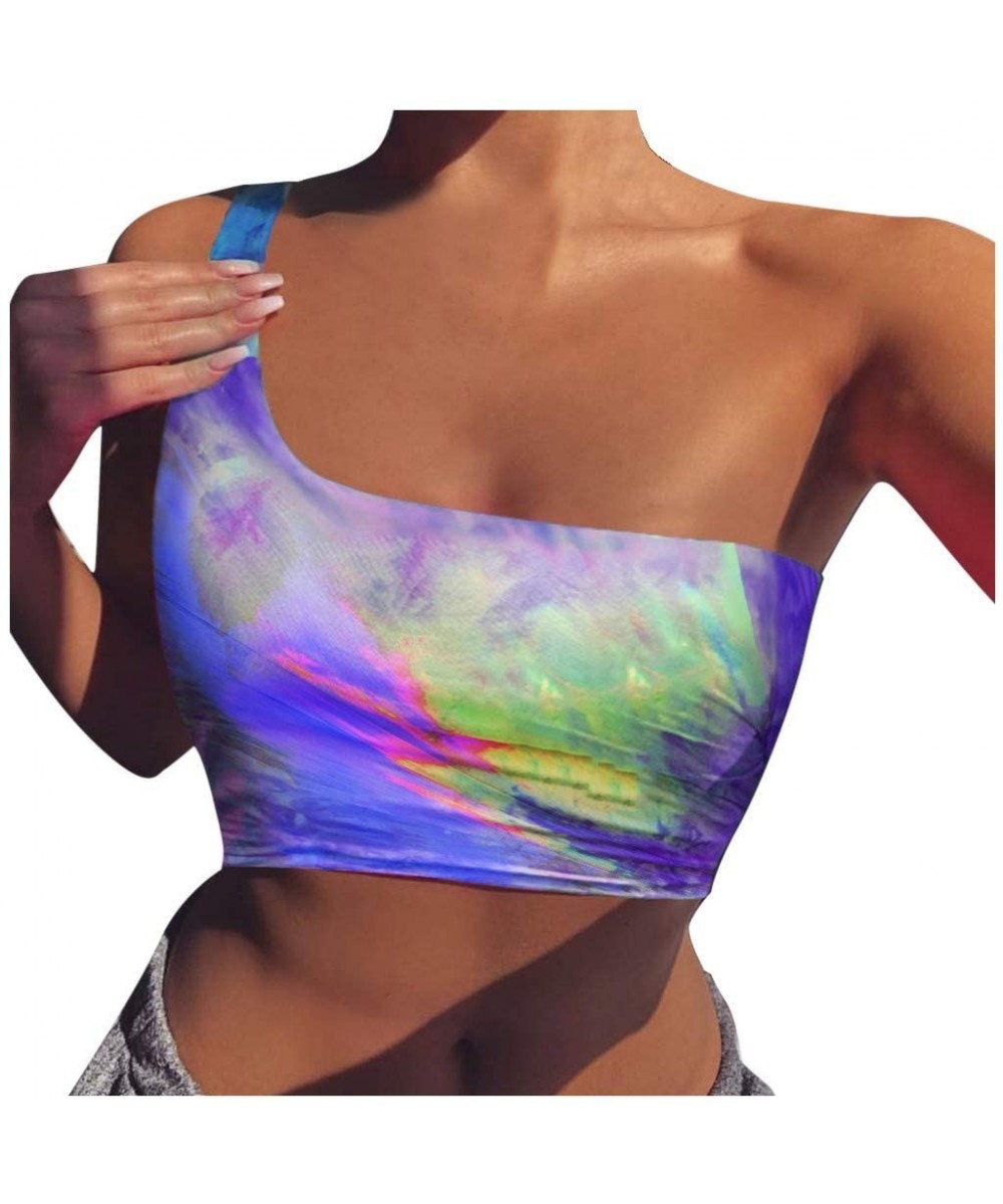 Camisoles & Tanks Women Lady Tie-Dye One Shoulder Crop Top Sexy Sport Bra Slim Camisole Vest - Purple - CF19DI400WK