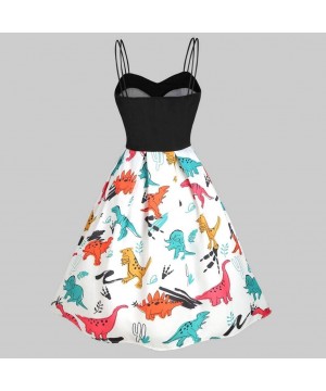 Robes Vintage Floral Dress Sleeveless Dinosaur Printed Cami Empire Waist Swing Dresses - White - C318TU4KLO2