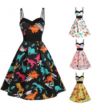 Robes Vintage Floral Dress Sleeveless Dinosaur Printed Cami Empire Waist Swing Dresses - White - C318TU4KLO2