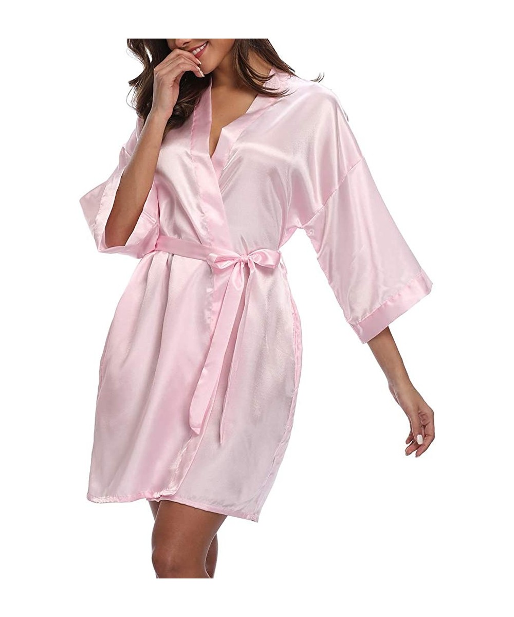 Robes Short Robe for Women Bridesmaid Bride Silk Kimono Robe Dressing Gown for Wedding Party - Pure Color-baby Pink - CK19038...