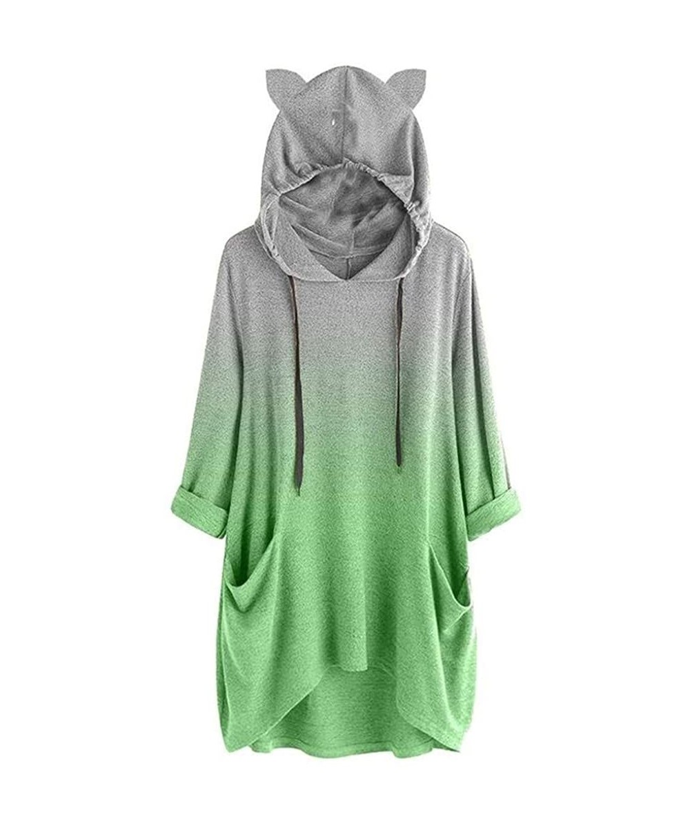 Thermal Underwear Women Long Sleeve Cat Ear Print Blouse Casual Hooded Sweatshirt Pullover Top - A-green - CF18XU6RERY