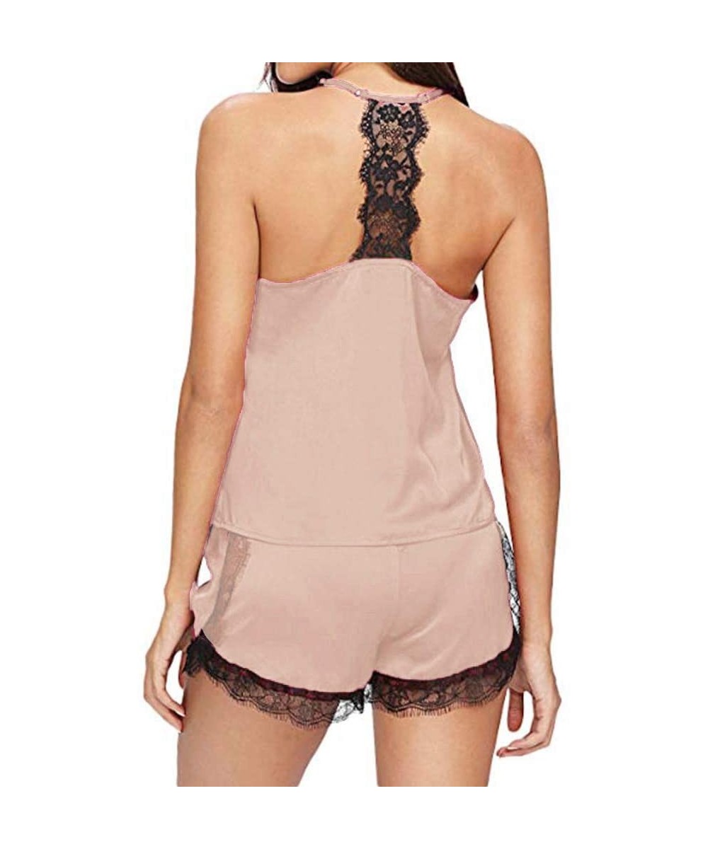 Sets Women Nightgowns Sleepwear Sleeveless Cami Short Set Nightwear Lace Satin Cami Top Pajama Sets - Beige - CT194M6KW83