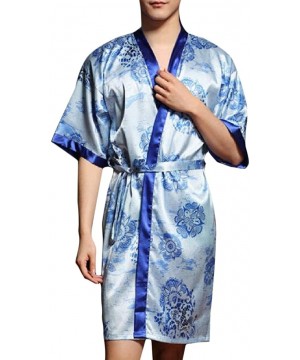 Robes Men's Floral Print Soft Satin Short Smoking Jacket Robe - Sky Blue - C417YGU7T3M