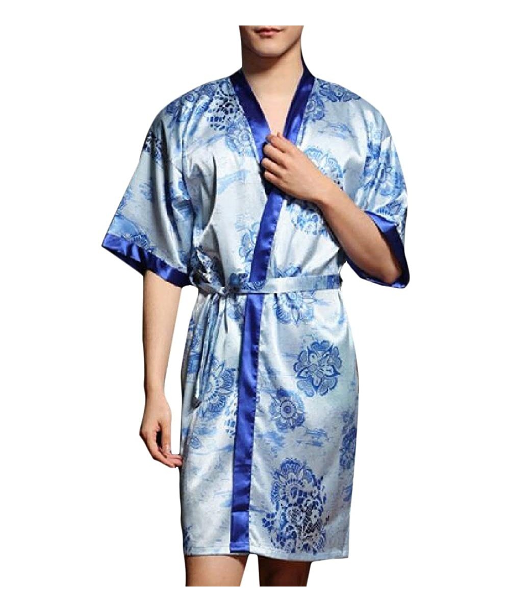 Robes Men's Floral Print Soft Satin Short Smoking Jacket Robe - Sky Blue - C417YGU7T3M