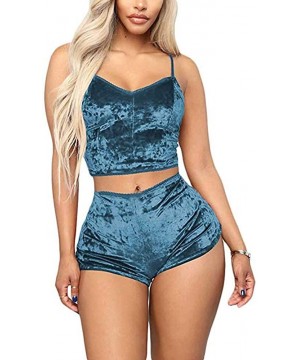 Sets Women's Vintage Velvet 2 piece outfit Spaghetti Strap Crop Top and Shorts - Blue - C418R59G4AM