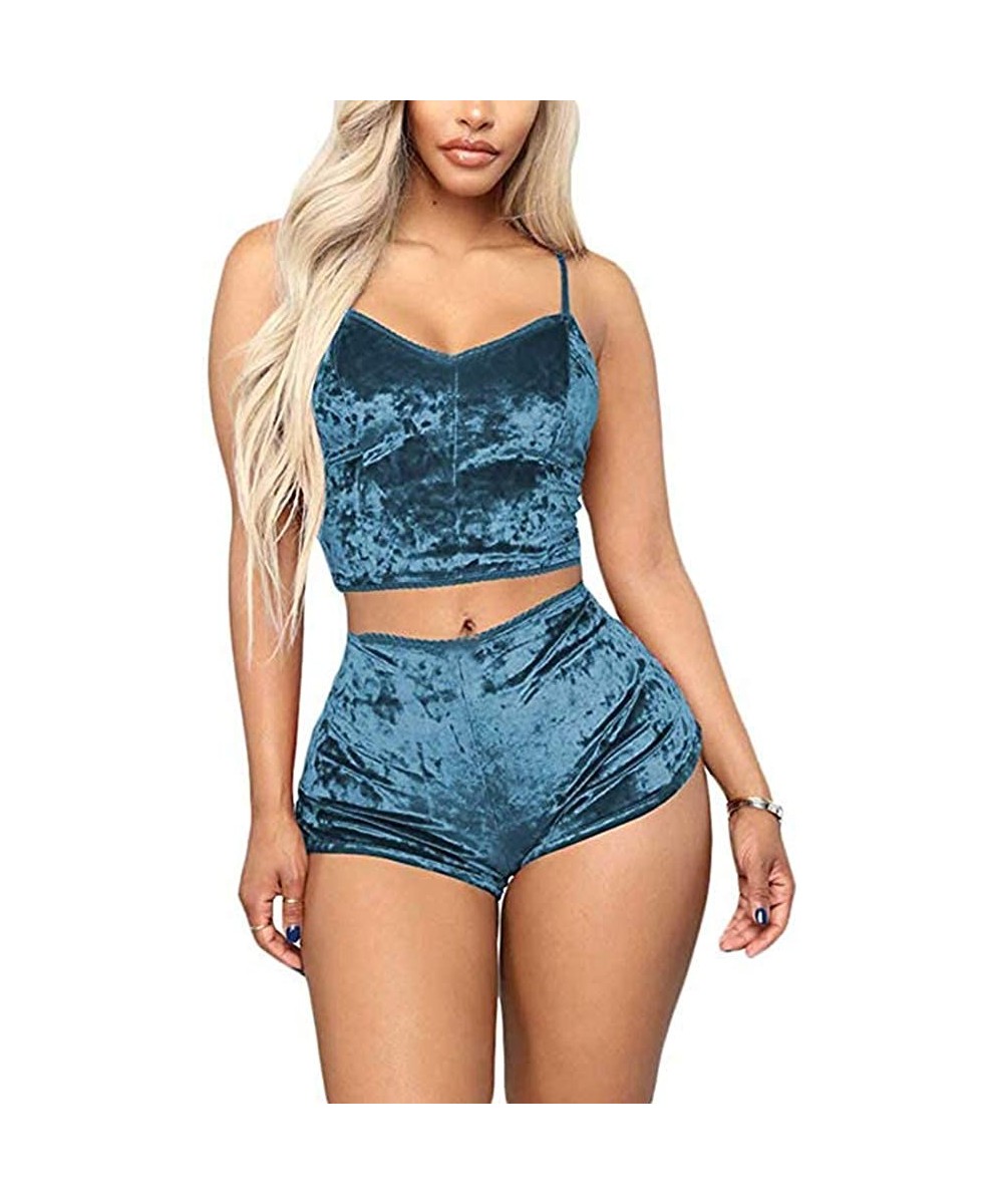 Sets Women's Vintage Velvet 2 piece outfit Spaghetti Strap Crop Top and Shorts - Blue - C418R59G4AM