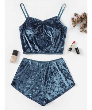 Sets Women's Vintage Velvet 2 piece outfit Spaghetti Strap Crop Top and Shorts - Blue - C418R59G4AM