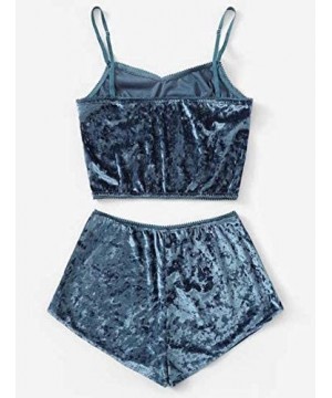 Sets Women's Vintage Velvet 2 piece outfit Spaghetti Strap Crop Top and Shorts - Blue - C418R59G4AM