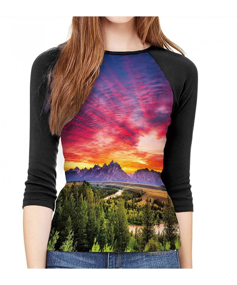 Robes Sunset at River Overlook in Grand Teton National Park-Women's Shirt 3/4 Sleeve Casual Tops Tee WY S - Multi 01 - C01906...