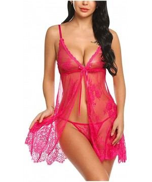 Bustiers & Corsets Womens Lace Sleepwear Halter Pajamas Sexy Bow Lingerie Nightdress Underwear - Hot Pink - CO193LLQSIH