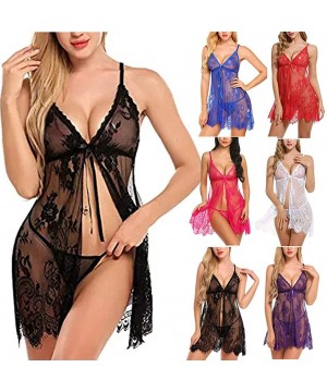 Bustiers & Corsets Womens Lace Sleepwear Halter Pajamas Sexy Bow Lingerie Nightdress Underwear - Hot Pink - CO193LLQSIH