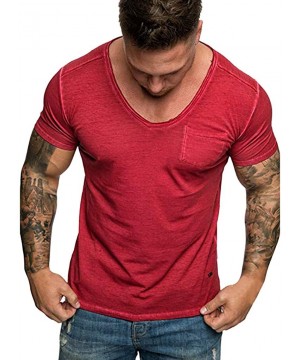 Undershirts Men's Short Sleeve Summer Slim Casual Pocket V-Neck Fit Gym Bodybuilding Stringer Top Blouse T-Shirt - Red - CV18...