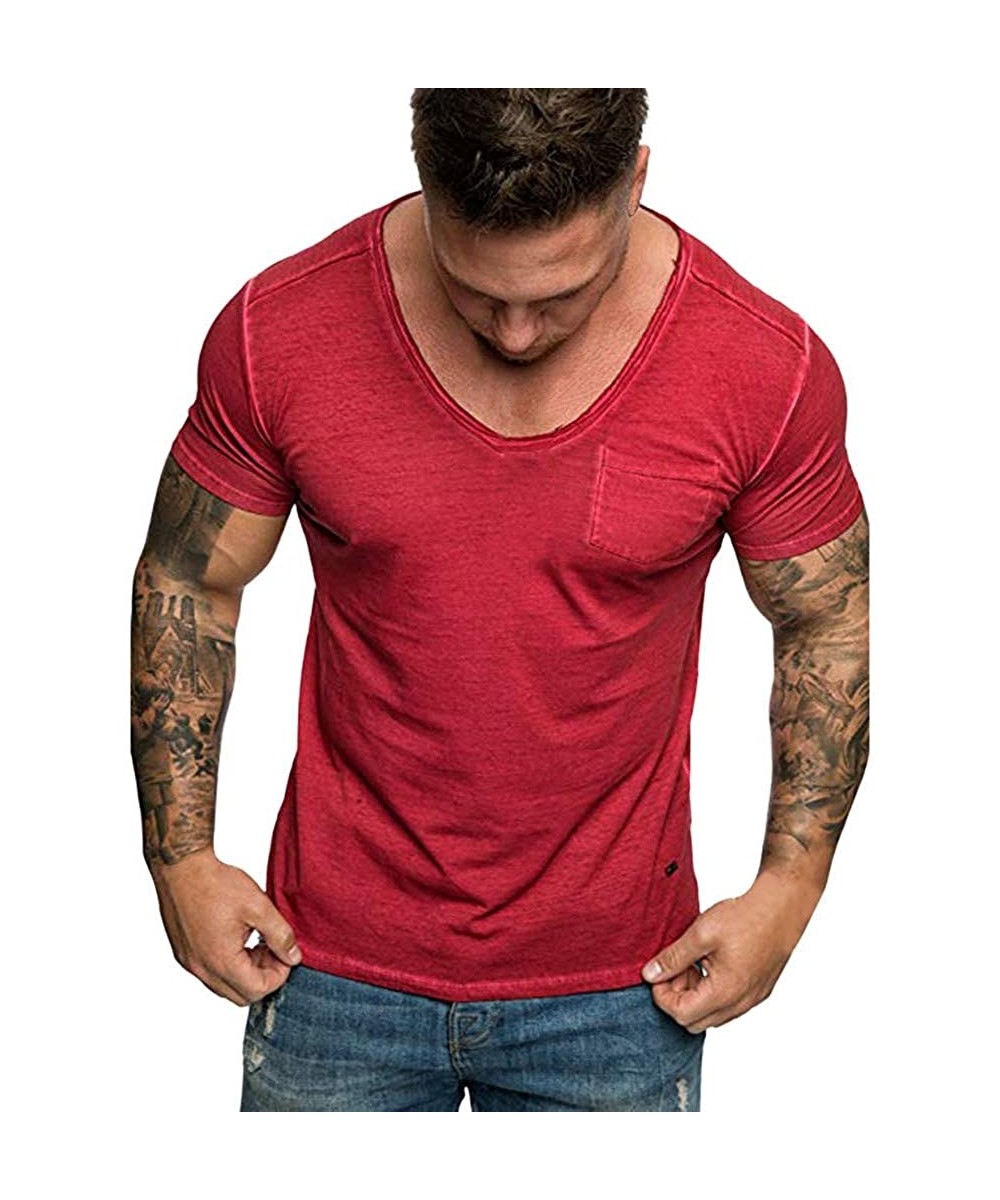 Undershirts Men's Short Sleeve Summer Slim Casual Pocket V-Neck Fit Gym Bodybuilding Stringer Top Blouse T-Shirt - Red - CV18...