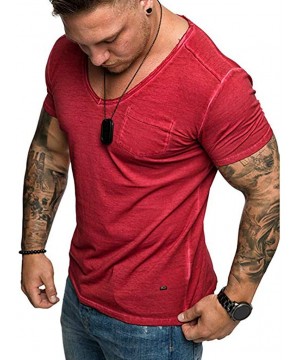 Undershirts Men's Short Sleeve Summer Slim Casual Pocket V-Neck Fit Gym Bodybuilding Stringer Top Blouse T-Shirt - Red - CV18...