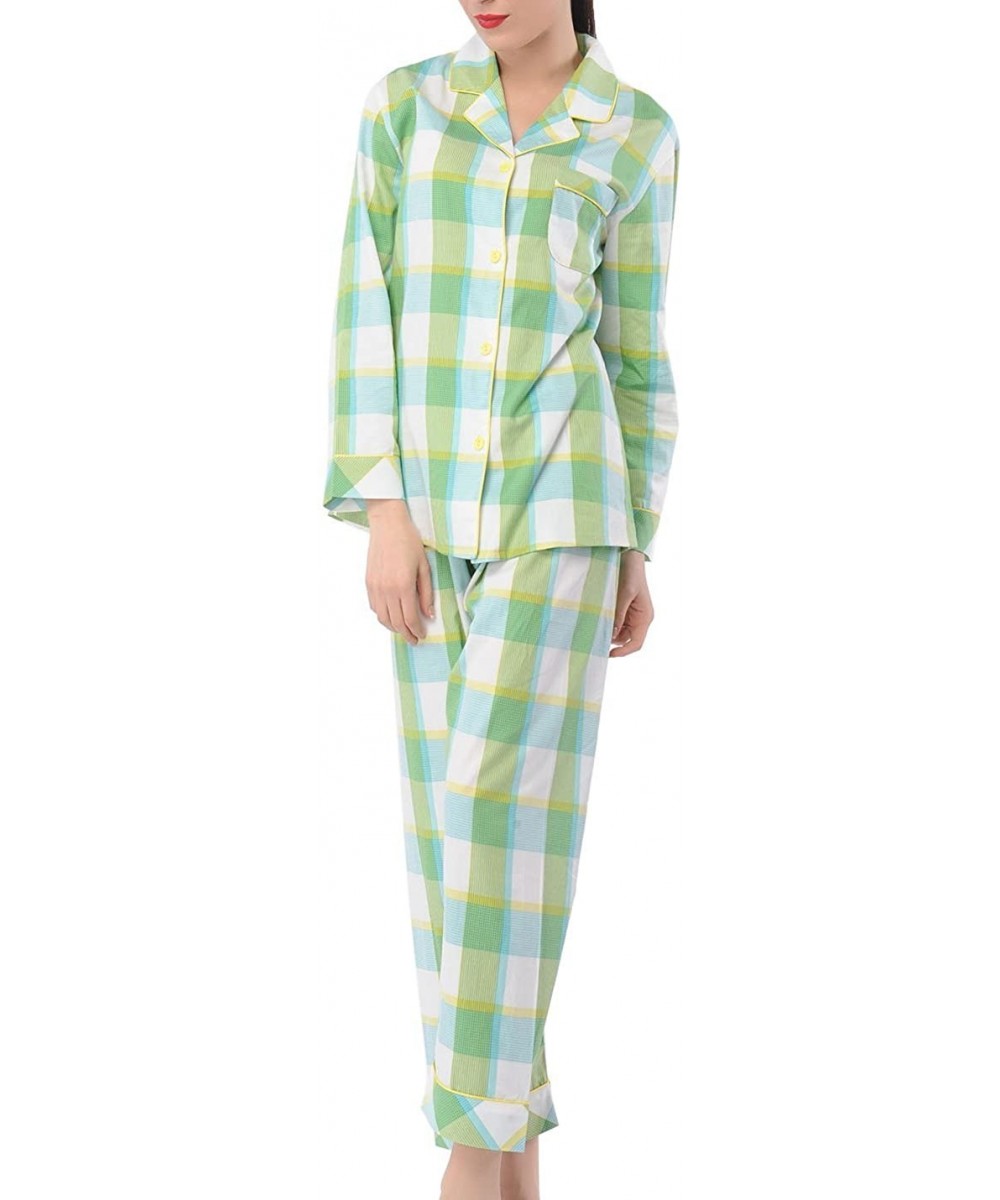 Sets Women's Pajamas Comfy Cotton Long Sleeve Sleepwear Two Pieces PJ Set XS-XXL - Green Grid - CS18GYU99CS